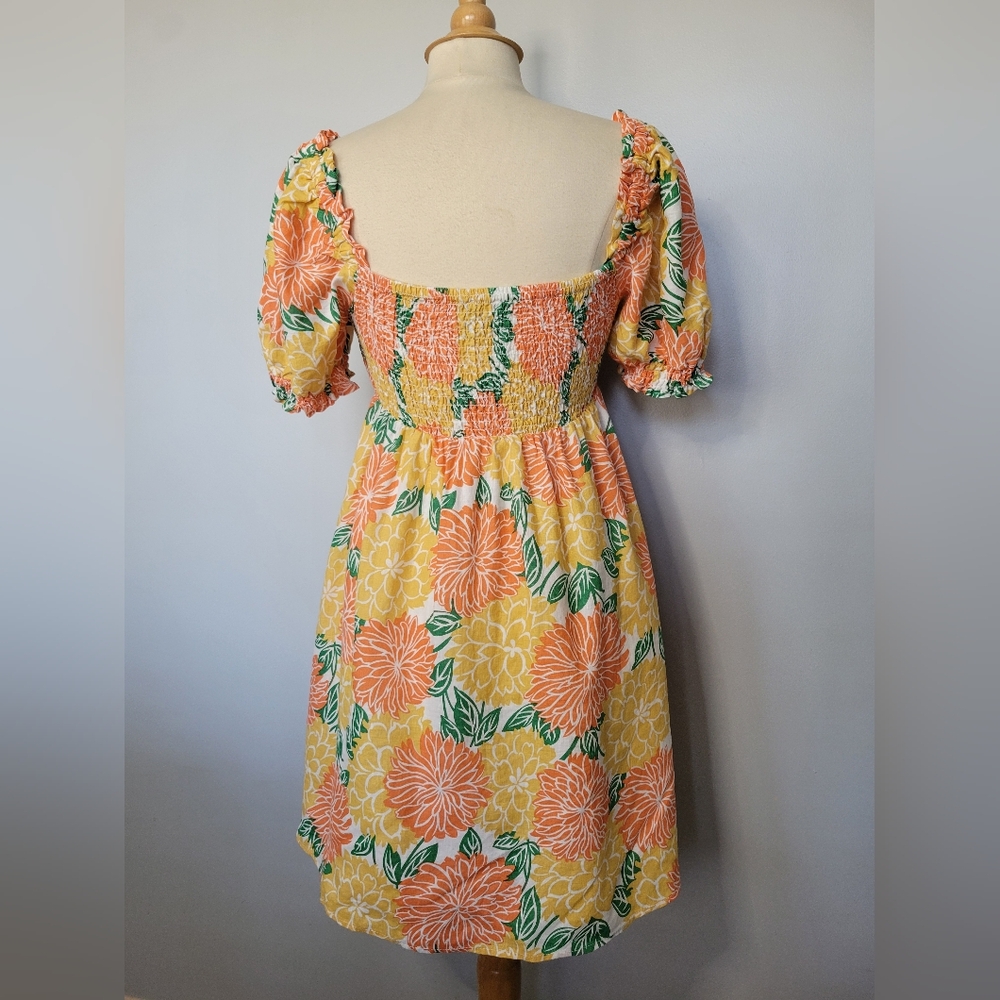 House of Harlow 1960 Linen Babydoll Floral Smocked Puff Sleeve Dress SZ M - Picture 6 of 9